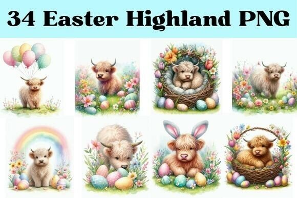 Easter Highland Cow PNG Bundle