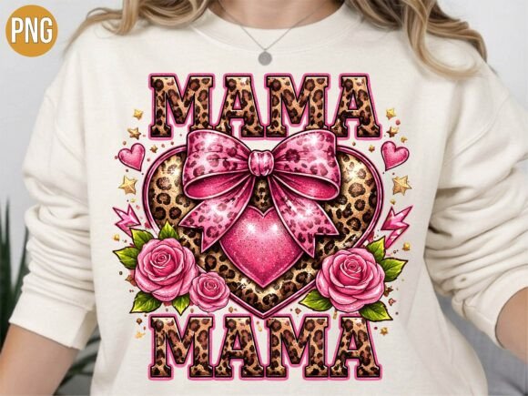Leopard Pink Bow Hearts Mama PNG