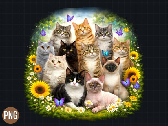 Many Cats Sunflower Butterfly T-Shirt Design